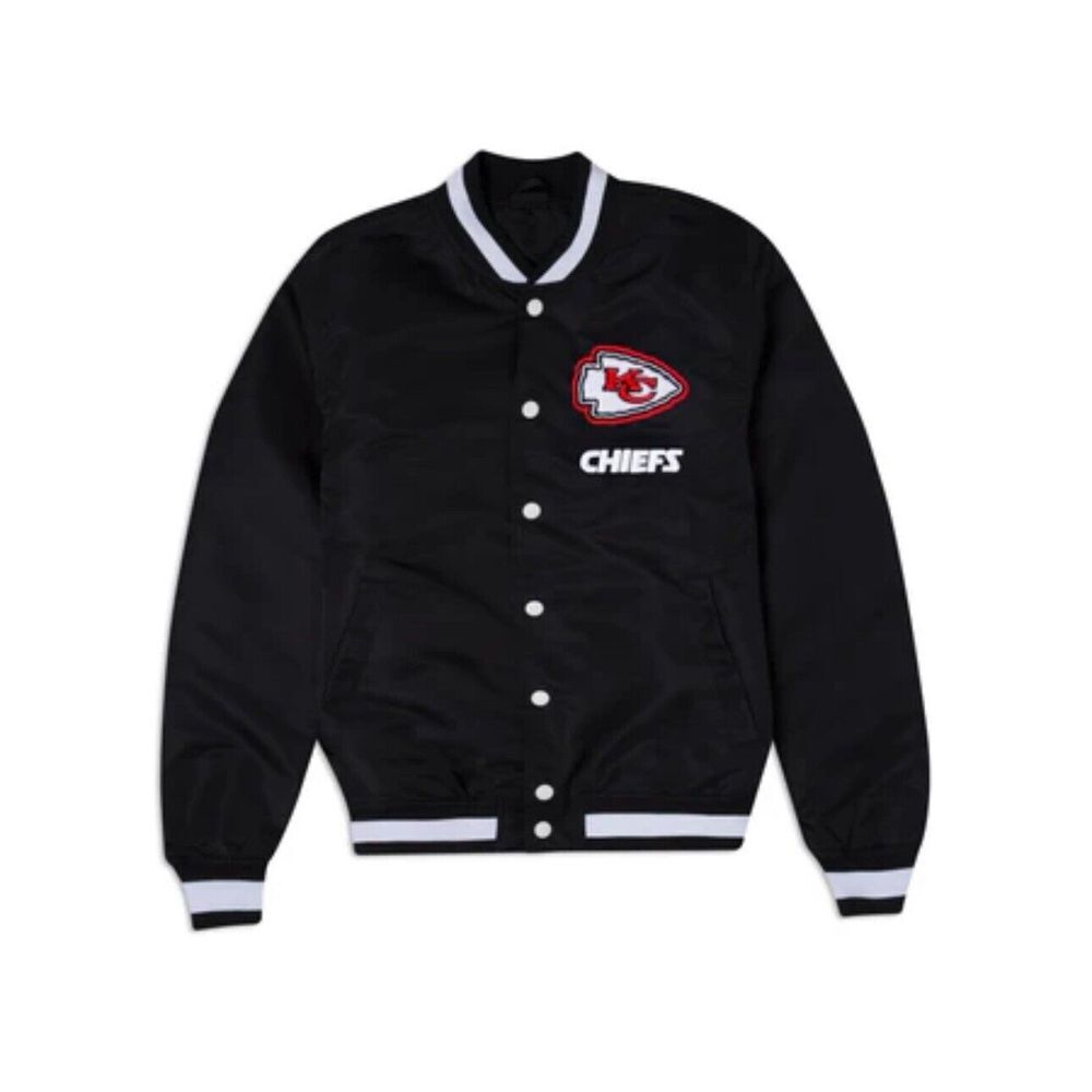 NFL‎ Kansas City Chiefs New Era Black Satin Varsity Jacket Logos XL EXC